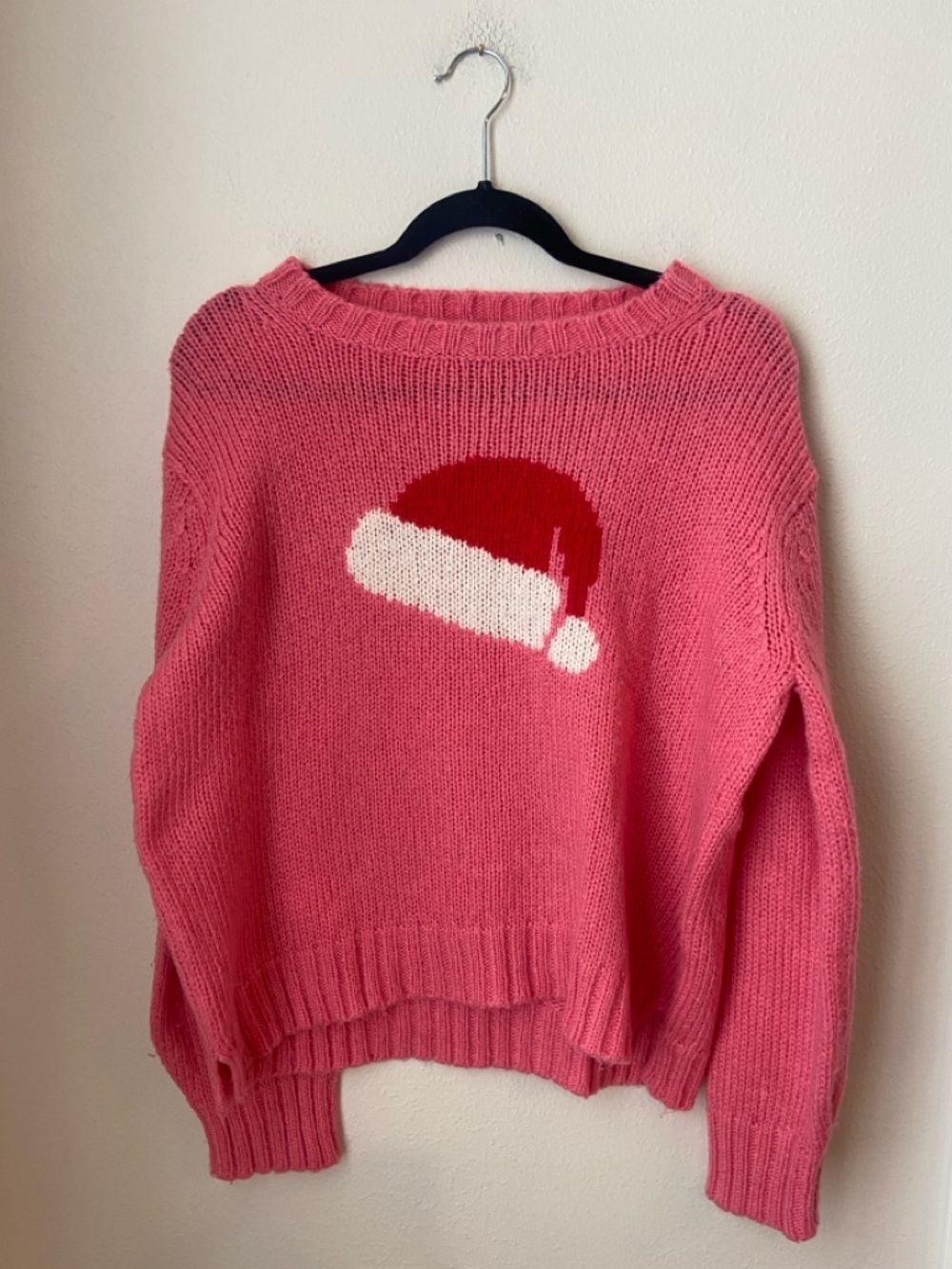 Wooden Ships Santa Hat Sweater Pink Chunky Knit Pullover M/L